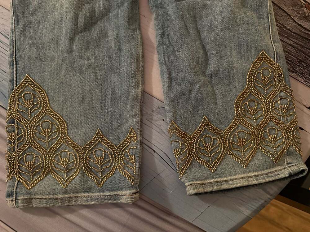 White House Black Market Slim Crop Jeans Size 14 Gold Beaded Hem